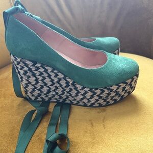 Free People Teal and Black Wedge Shoes
